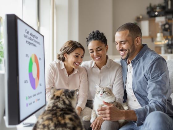 Three friends enjoy spending time with two cats while looking at a colorful chart on a screen.