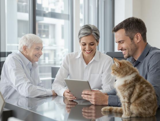 Family enjoys a happy moment while adopting their new orange cat