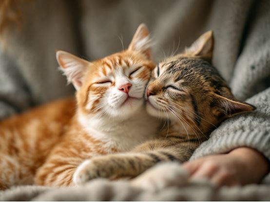 Two cats cuddling while being held by owner