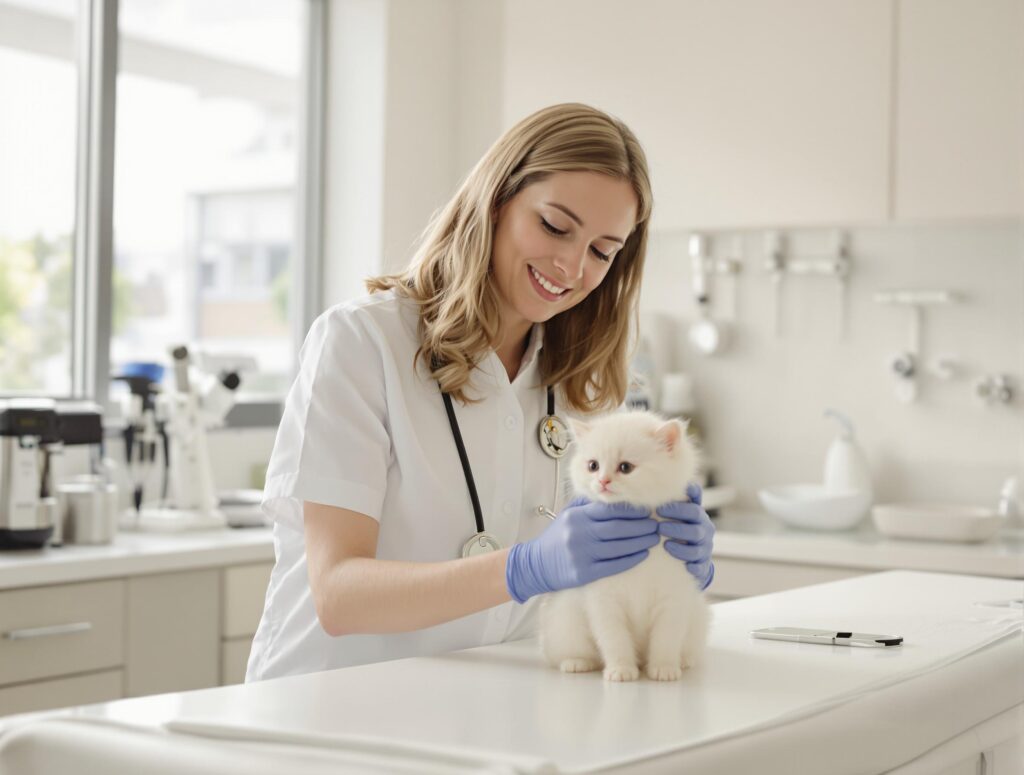 A smiling veterinarian with blonde hair in a white coat and stethoscope examines a small white kitten on an examination table while wearing blue examination gloves in a bright, modern clinic.