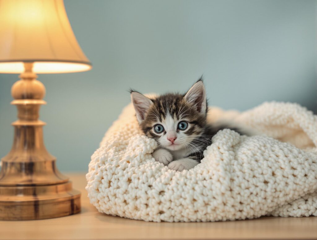 A small tabby kitten with bright blue eyes nestled in a cream-colored knitted blanket next to a warm glowing table lamp on a wooden surface.