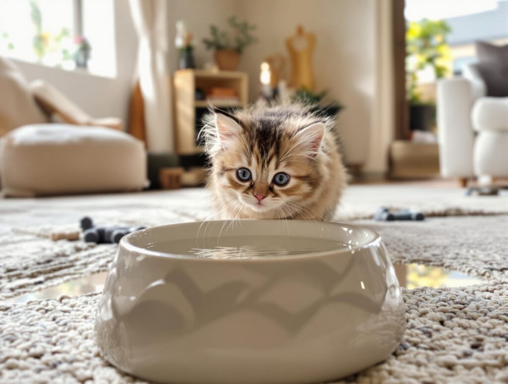 fluffy kitten staring at a water bowl