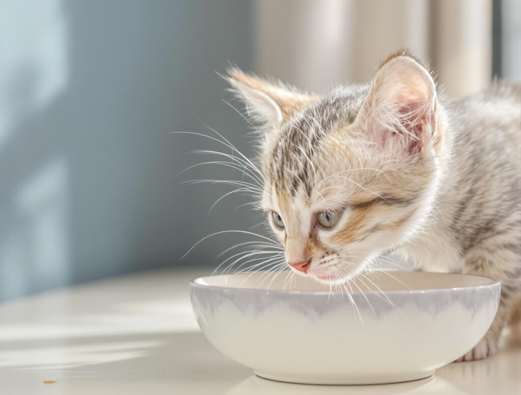 kitten drinking from a ceramic bowl