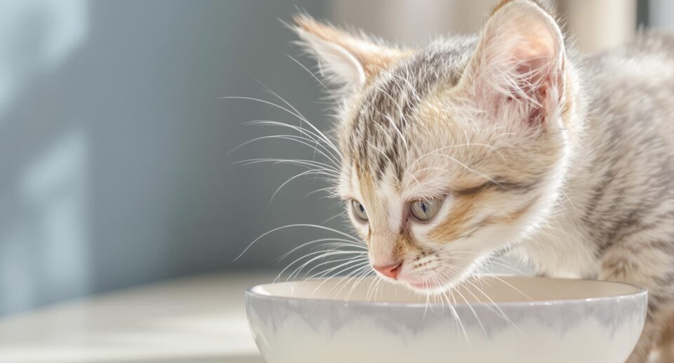kitten drinking from a ceramic bowl