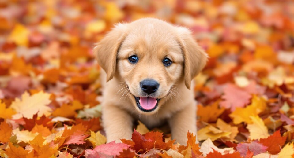 golden-retriever-puppy-playing-in-autumn-leaves