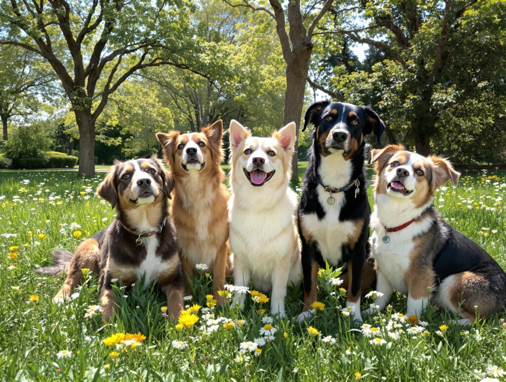 group-of-happy-dogs-sitting-in-a-park
