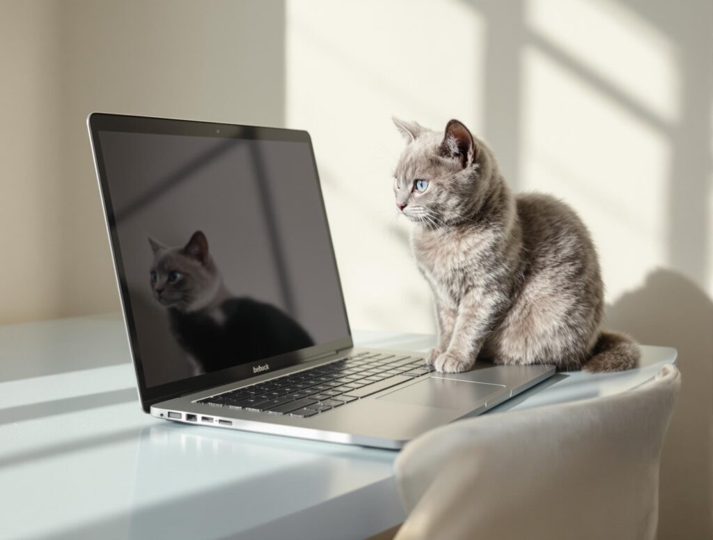 cat sitting next to a laptop