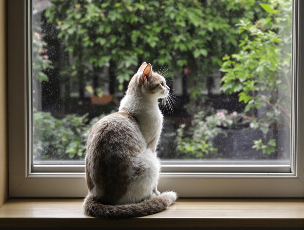 a cat sitting on window sill staring out at plants