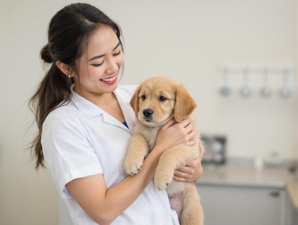 vet holding a puppy in a clinic