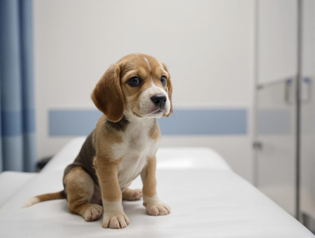 Beagle puppy on an examination table