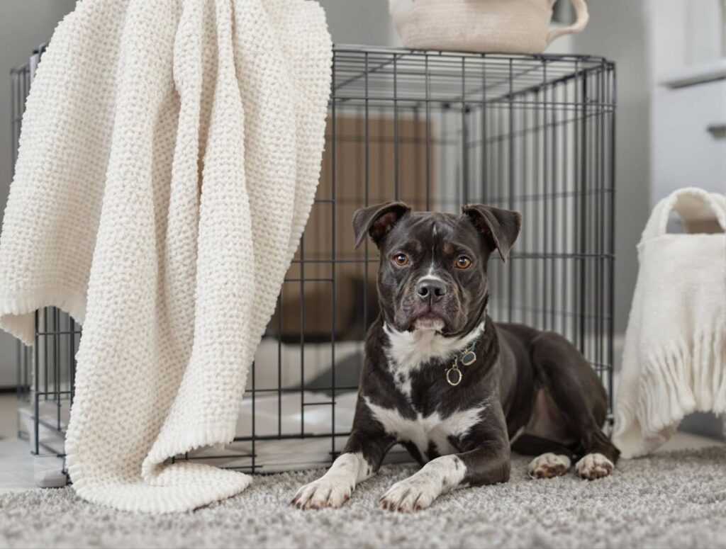 Black and white dog sitting outside a dog crate