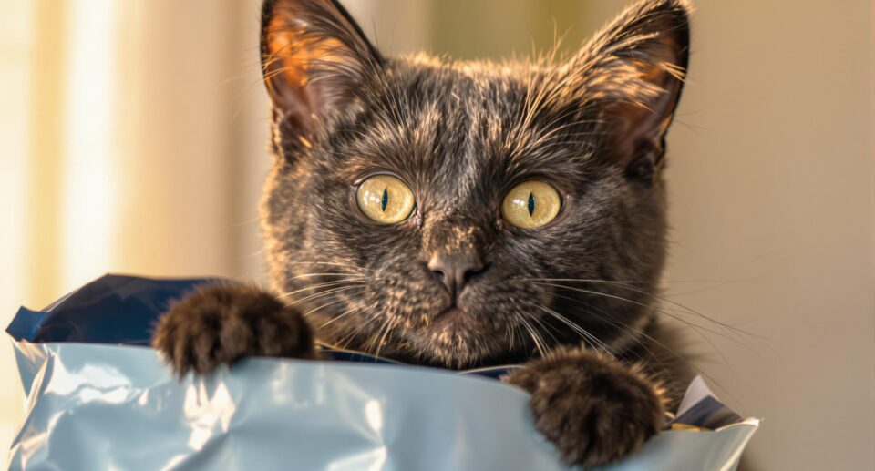 Adorable black cat coming out of a Kibble bag