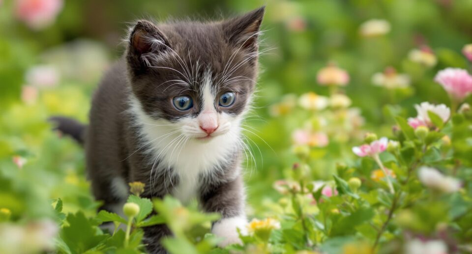 Black kitten in a garden