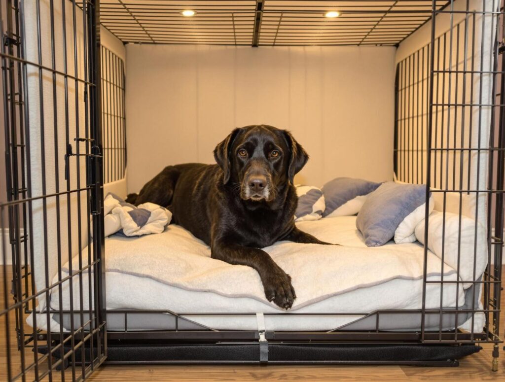 Black labrador lying inside a crate