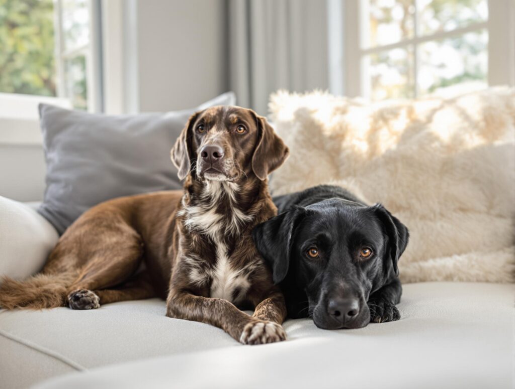 Brown dog and black dog sitting on a sofa
