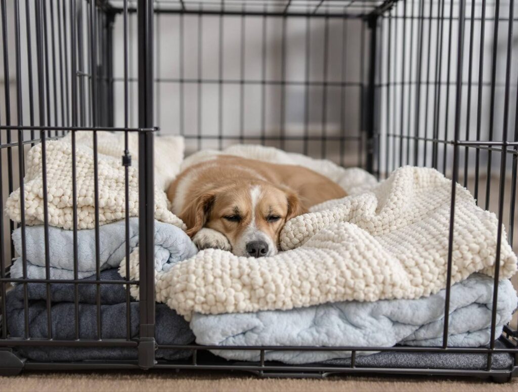 Light brown and white dog sleeping inside a crate