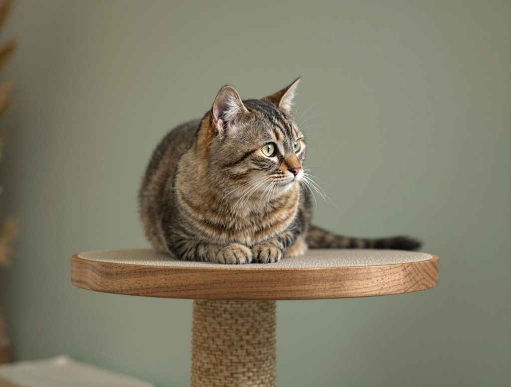 Brown cat sitting on a scratching post
