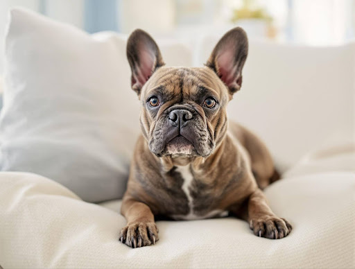 Brown french bulldog lying down on a couch