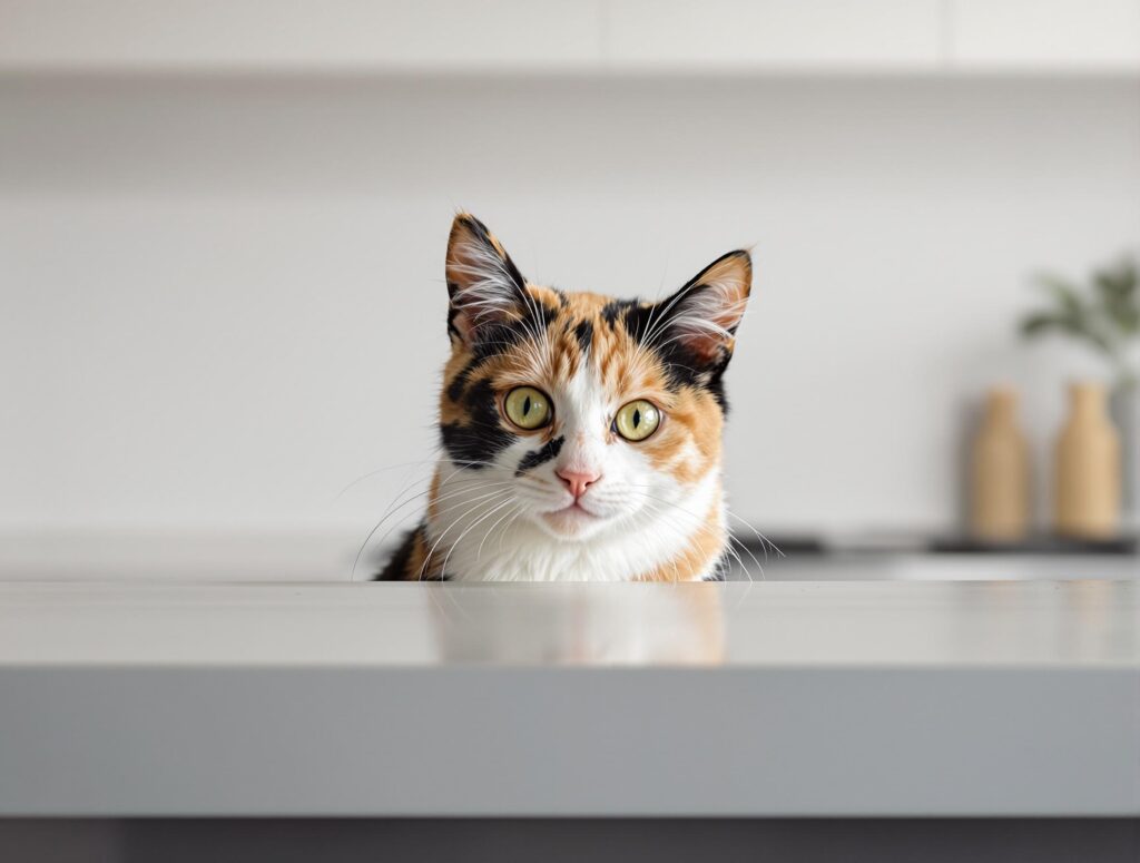 calico cat peeking over a kitchen counter