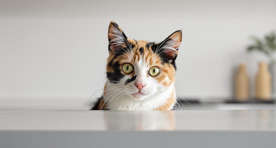 calico cat peeking over a kitchen counter
