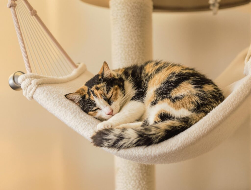 calico-cat-sleeping-in-a-cat-tower-hammock