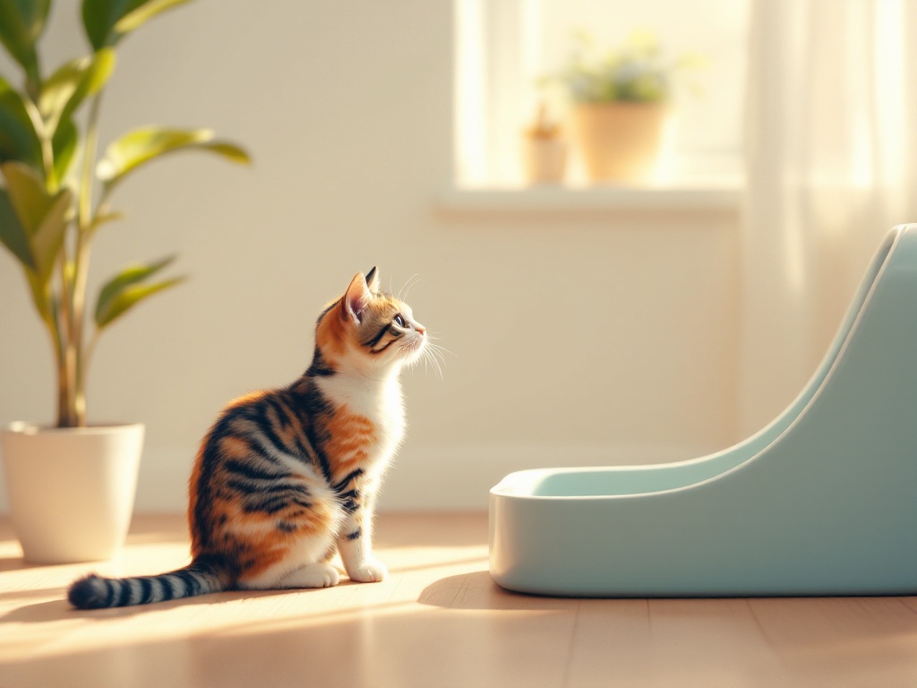 calico-kitten-staring-at-a-modern-litter-box