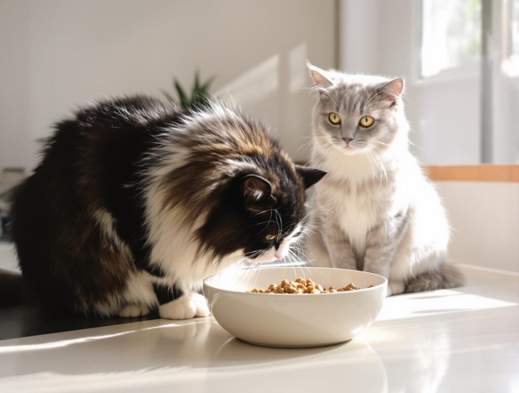 Grey cat watching a black cat eat