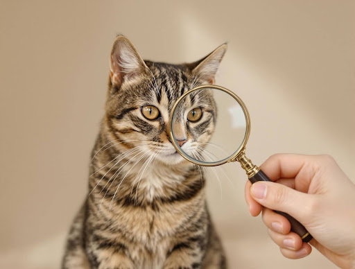 A hand holding a magnifying glass up to the face of a brown tabby cat with striking amber eyes against a neutral beige background