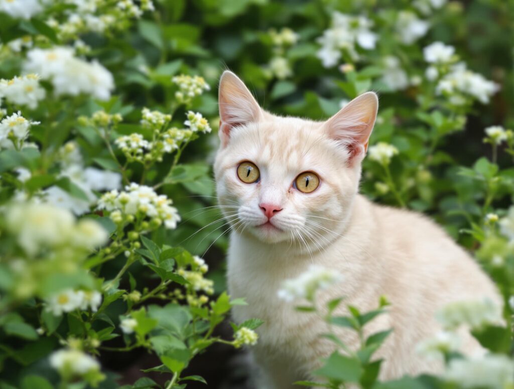 A cream-colored cat with striking yellow-green eyes sits among lush green foliage dotted with small white flowers in a garden setting.