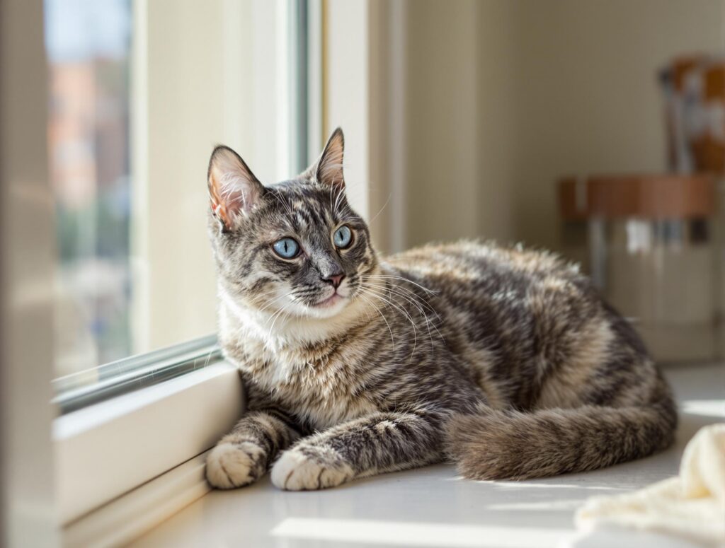 A tabby cat with striking blue eyes rests on a windowsill, bathed in natural light streaming through the window in a peaceful indoor setting.