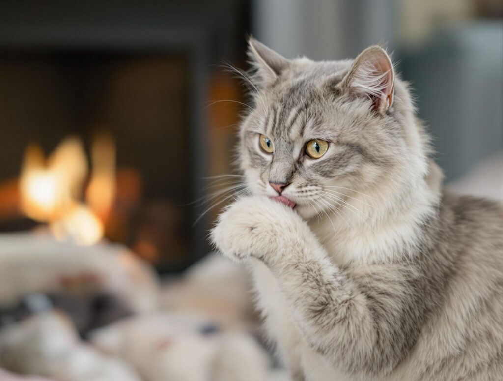 A silver tabby cat with golden eyes licking its paw in a cozy interior setting with a warm fireplace glowing softly in the background.