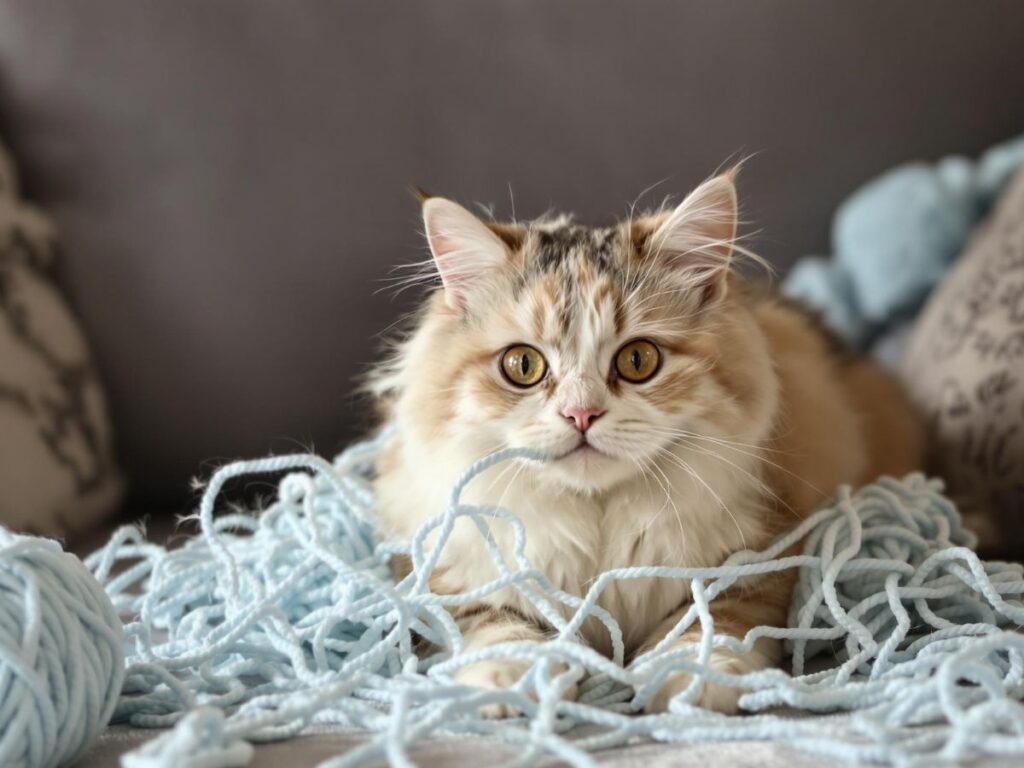 Cat messing with a ball of yarn