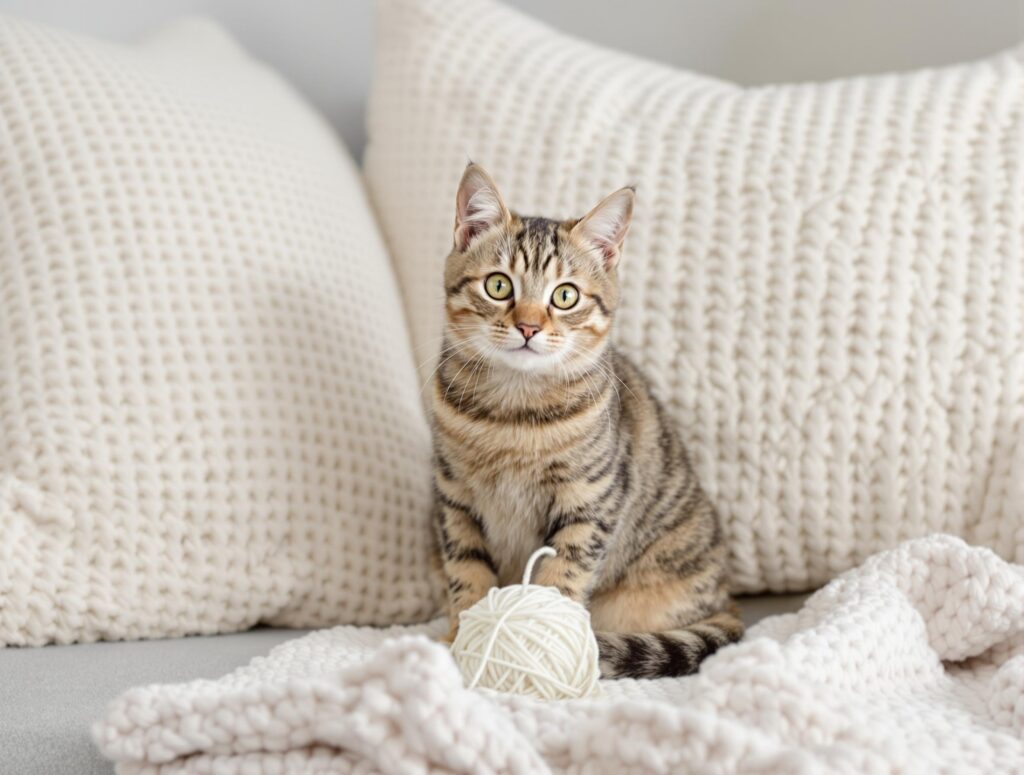 cat on a bed with a ball of yarn