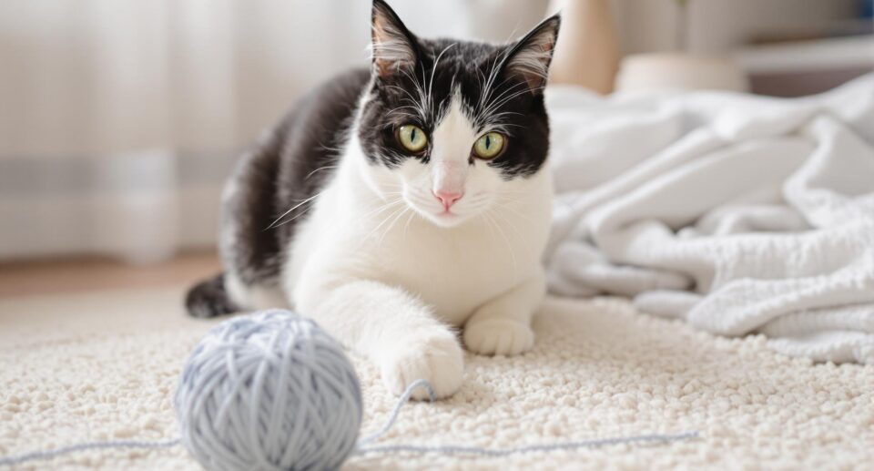 clack and white cat playing with yarn ball