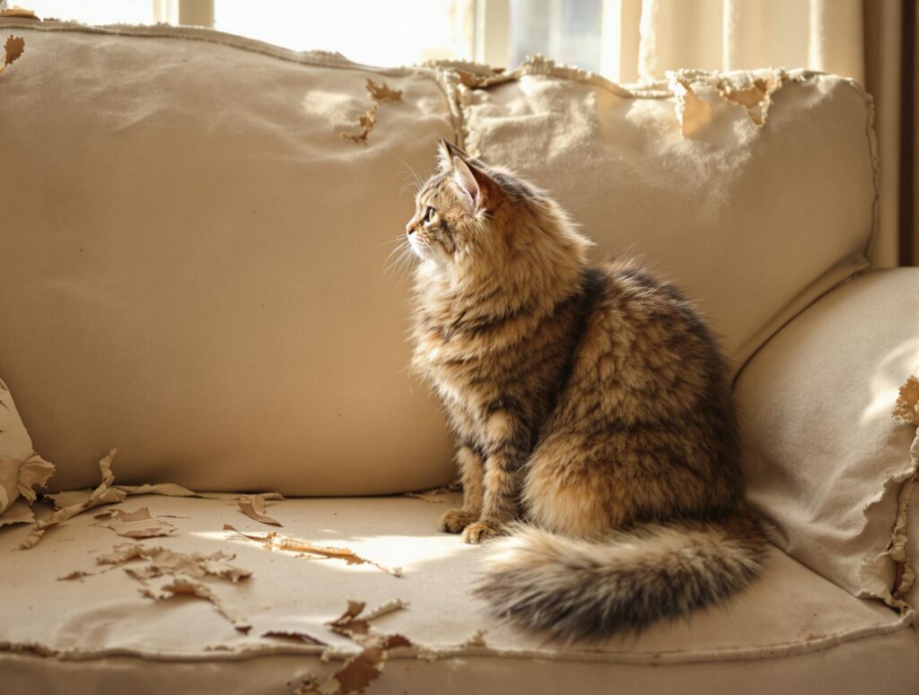 Brown cat sitting on a scratched up sofa