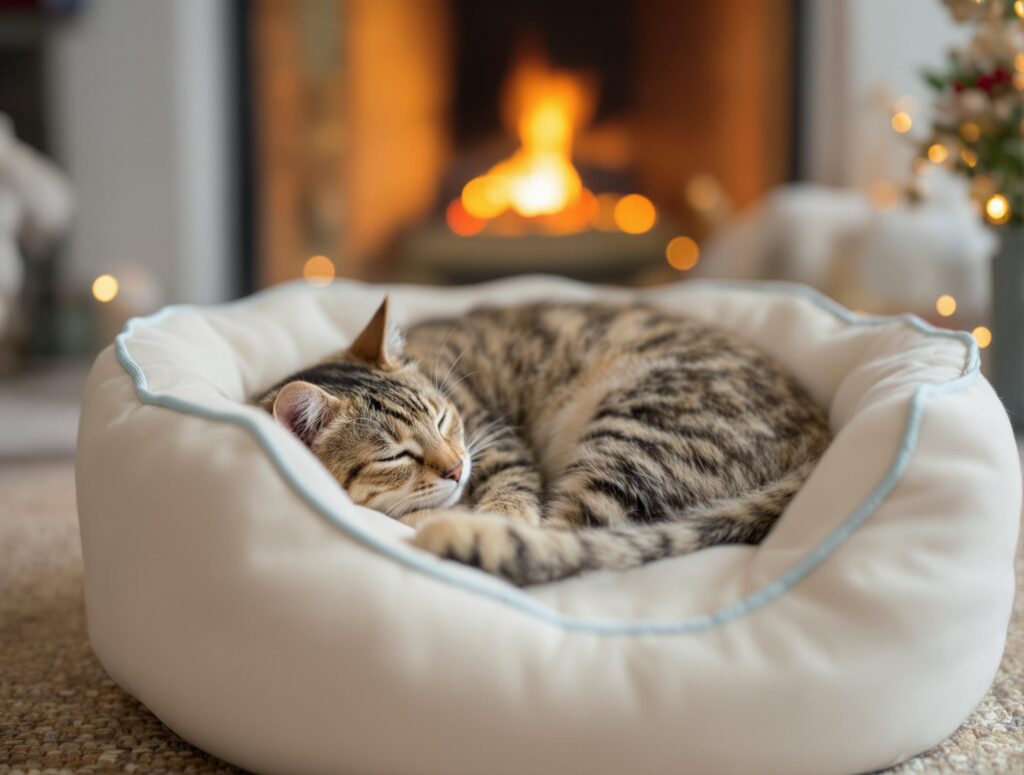 cat sleeping near fireplace