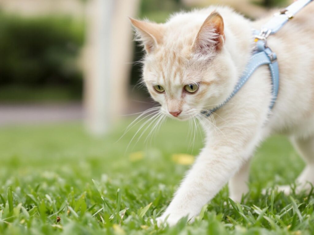 cat wearing a leash playing on grass