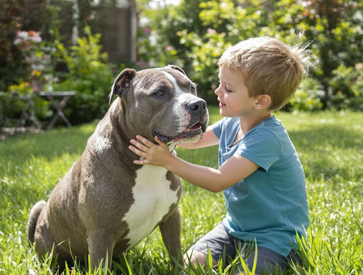 Child petting a grey pitbull in a garden