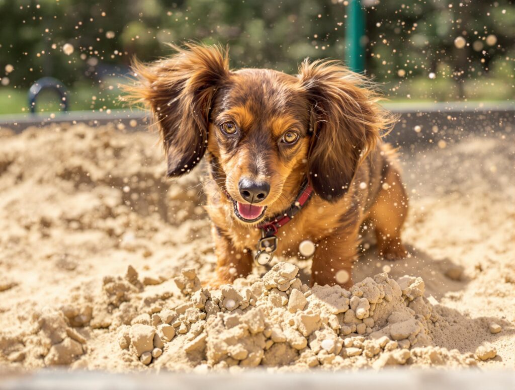 dachshund puppy digging in a sand box