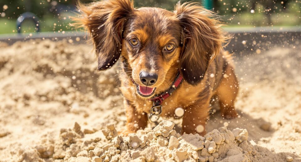 dachshund puppy digging in a sand box