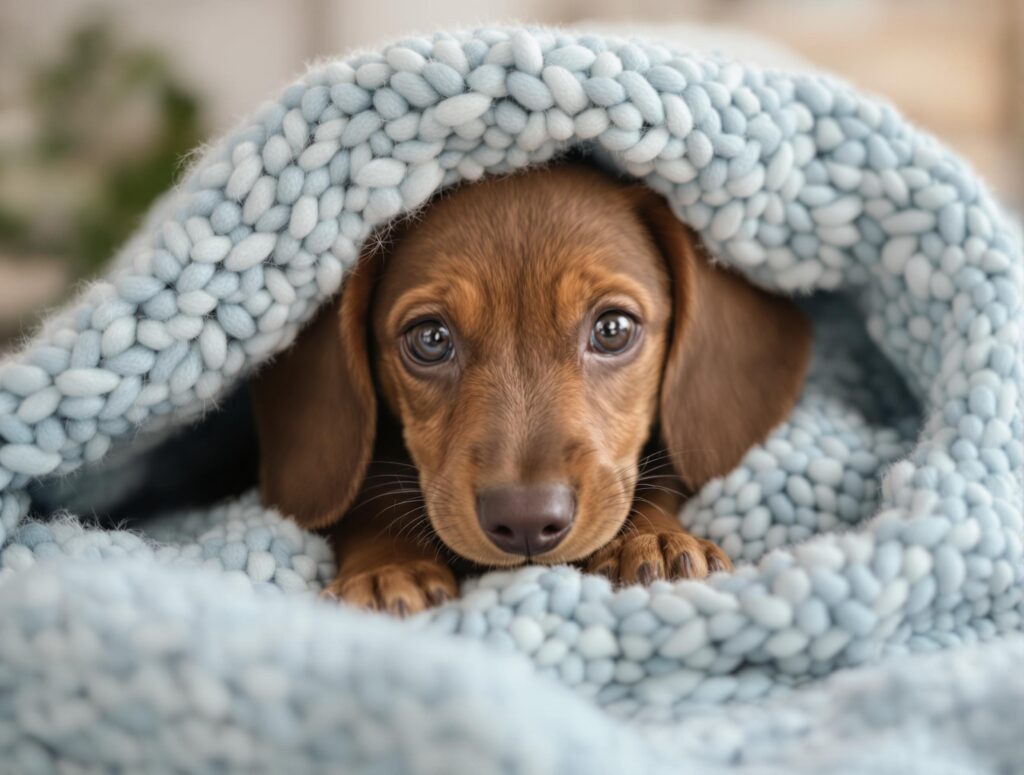 Dachshund puppy under a blanket