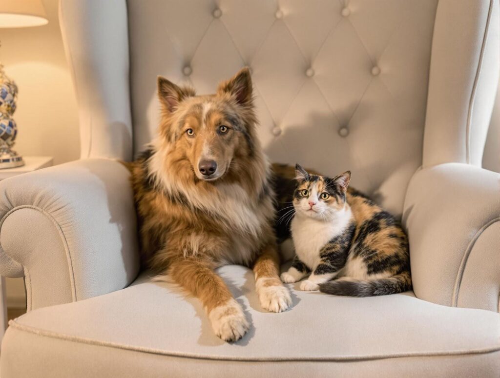 A sable-colored collie dog and a calico cat sitting together on an elegant cream-colored tufted armchair in a tastefully decorated room.