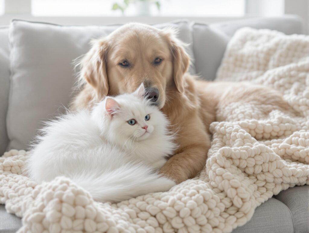 A golden retriever and a fluffy white cat with blue eyes cuddle together on a light gray couch under a chunky cream-colored knit blanket in a bright, airy room.