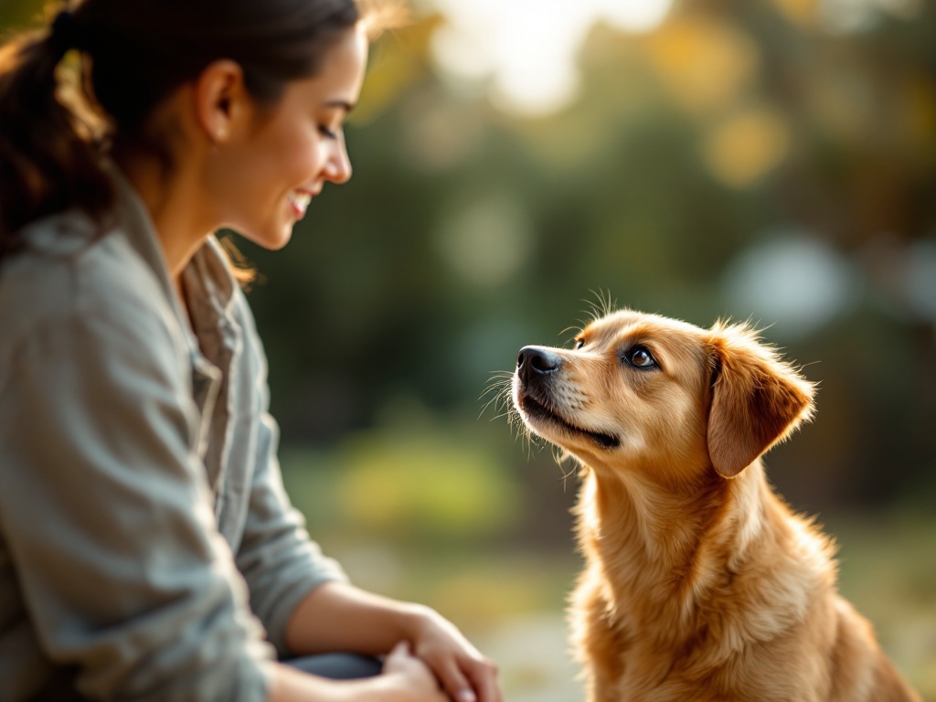 dog-gazing-attentively-at-a-woman-outdoors