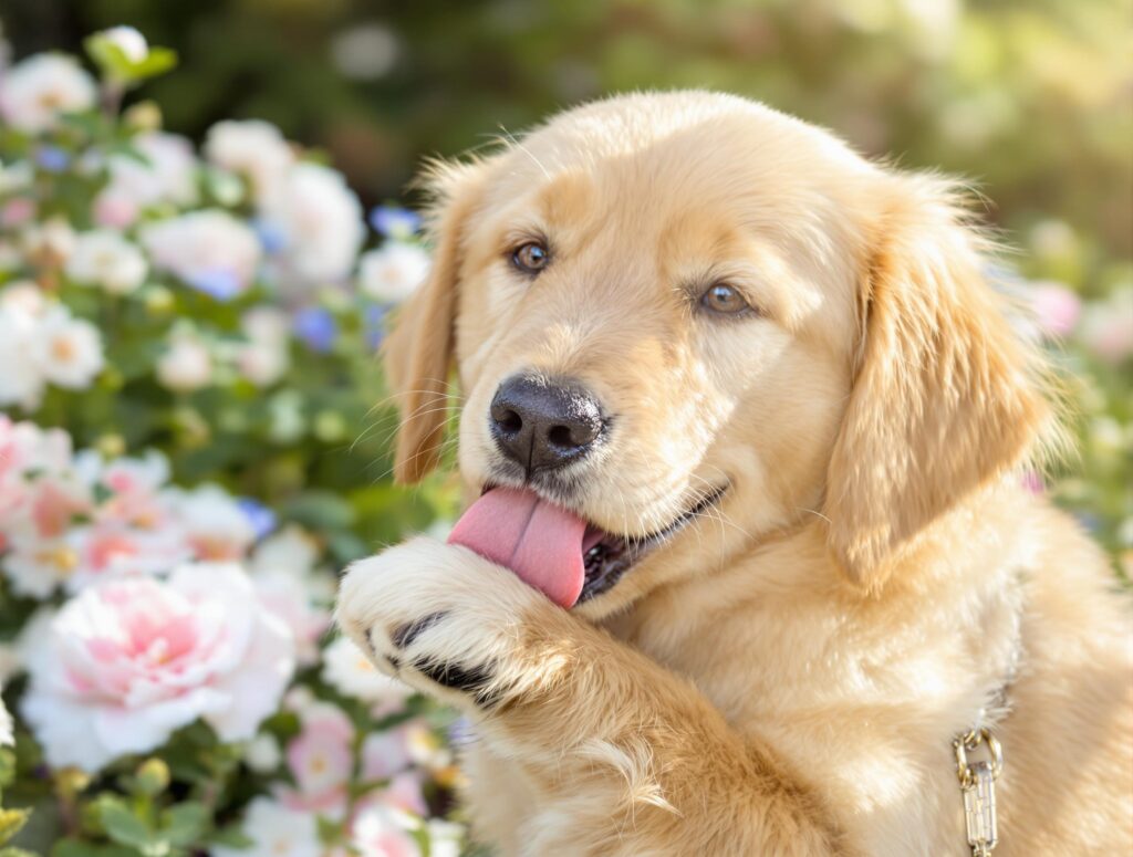 A friendly golden retriever with its tongue out and one paw raised sits among blooming pink and white flowers in a sunlit garden.