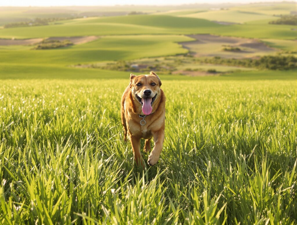 Brown dog running in a grass field