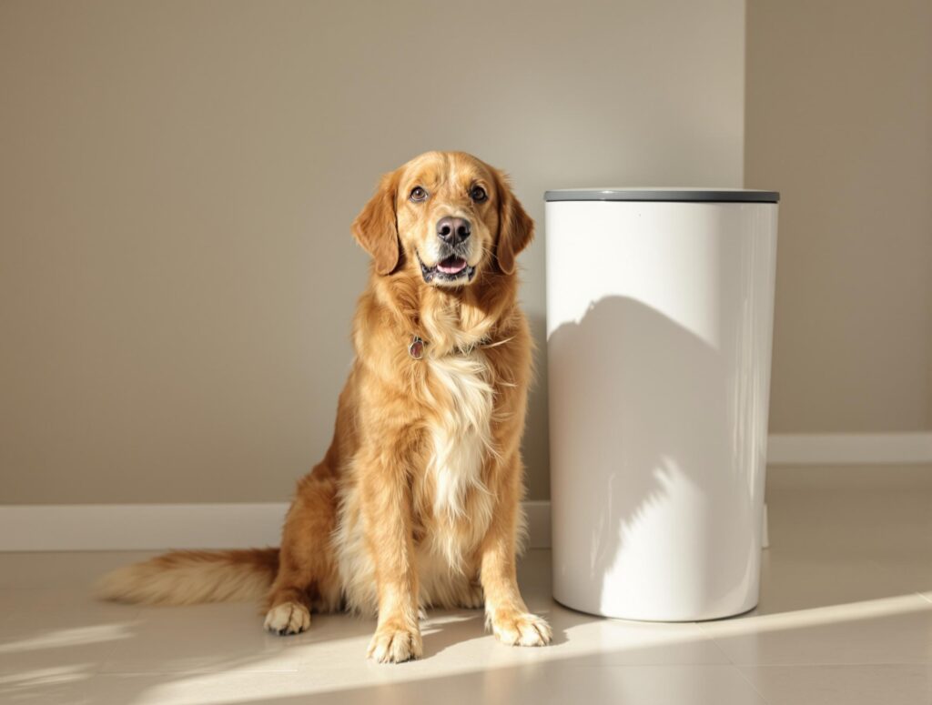 A golden retriever sitting alert next to a white cylindrical trash can in a minimalist room with beige walls and natural sunlight casting shadows across the floor.