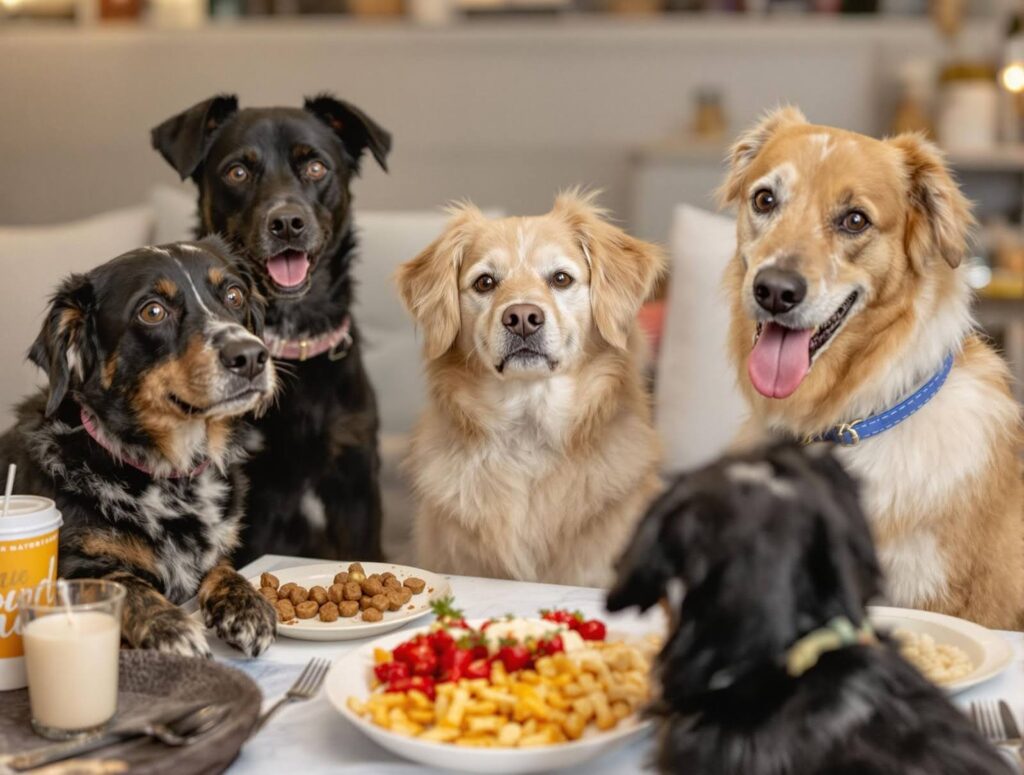 dogs-sitting-in-front-of-different-kinds-of-food