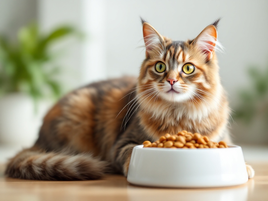 fluffy -cat-lying-next-to-a-bowl-of-dry-cat-food