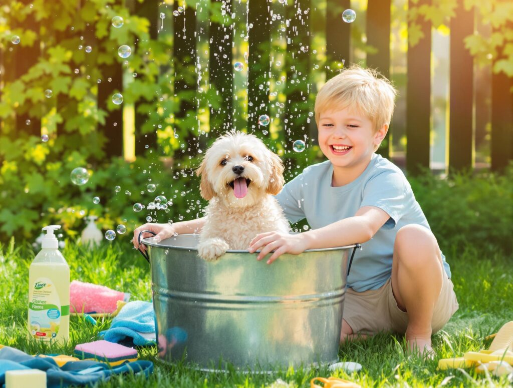 Child giving a shih tzu a bath